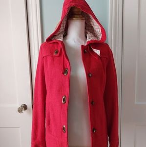 Red Hooded Coat with interesting metal twist closures